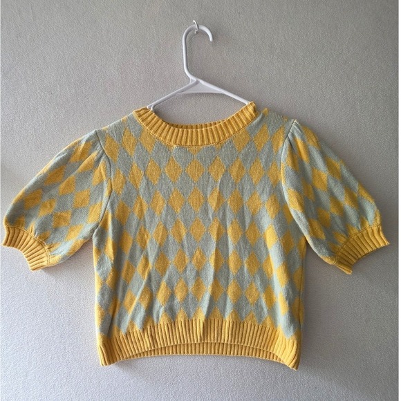 Forever 21 Sweaters - Forever 21 Womens Argyle Knit Short Sleeve Sweater Yellow Mint Green Small 0553